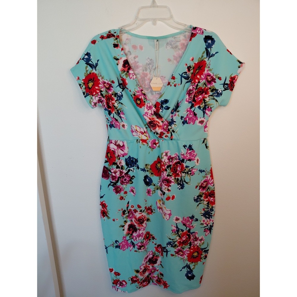 Pink Blush Floral Fitted Wrap Maternity Dress Sz Small Festive Boho New With Tag